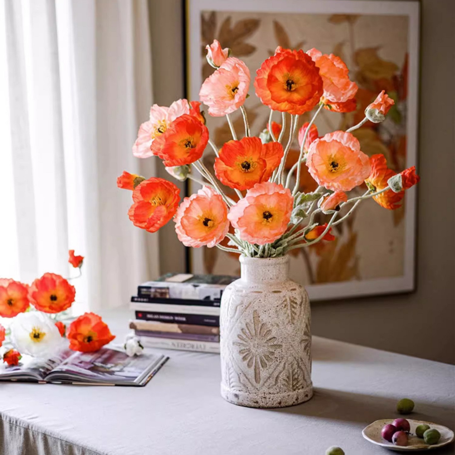 Faux Large Silk Poppy Flower Stem 41" Tall
