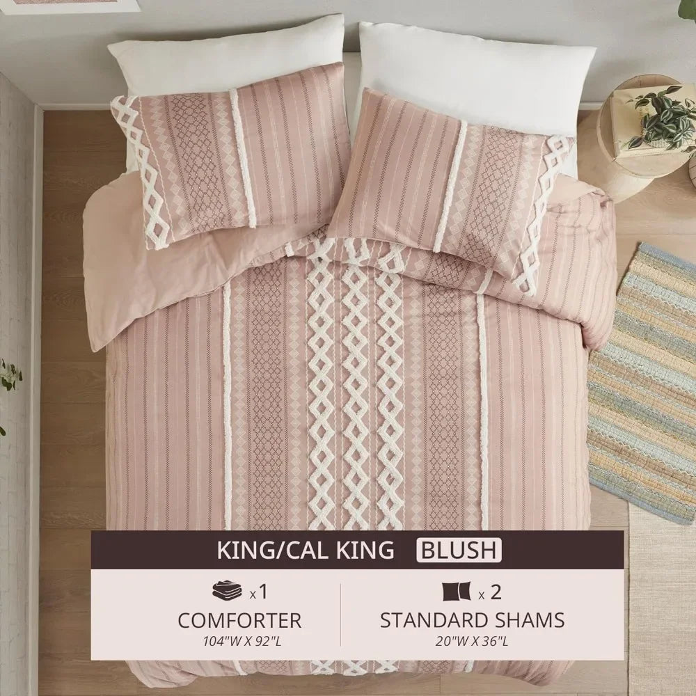 Comforter for King Size Bed, Chenille Tufted, Breathable Cotton Set King, All Season, 2 Matching Shams, King Blush 3 Piece