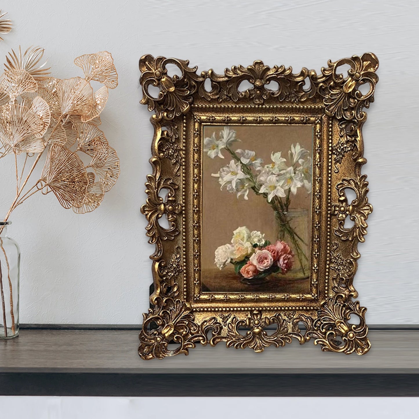 European Style Photo Frame Photo Holder Embossed Floral Tabletop Hanging Picture Display Picture Holder Home Decor