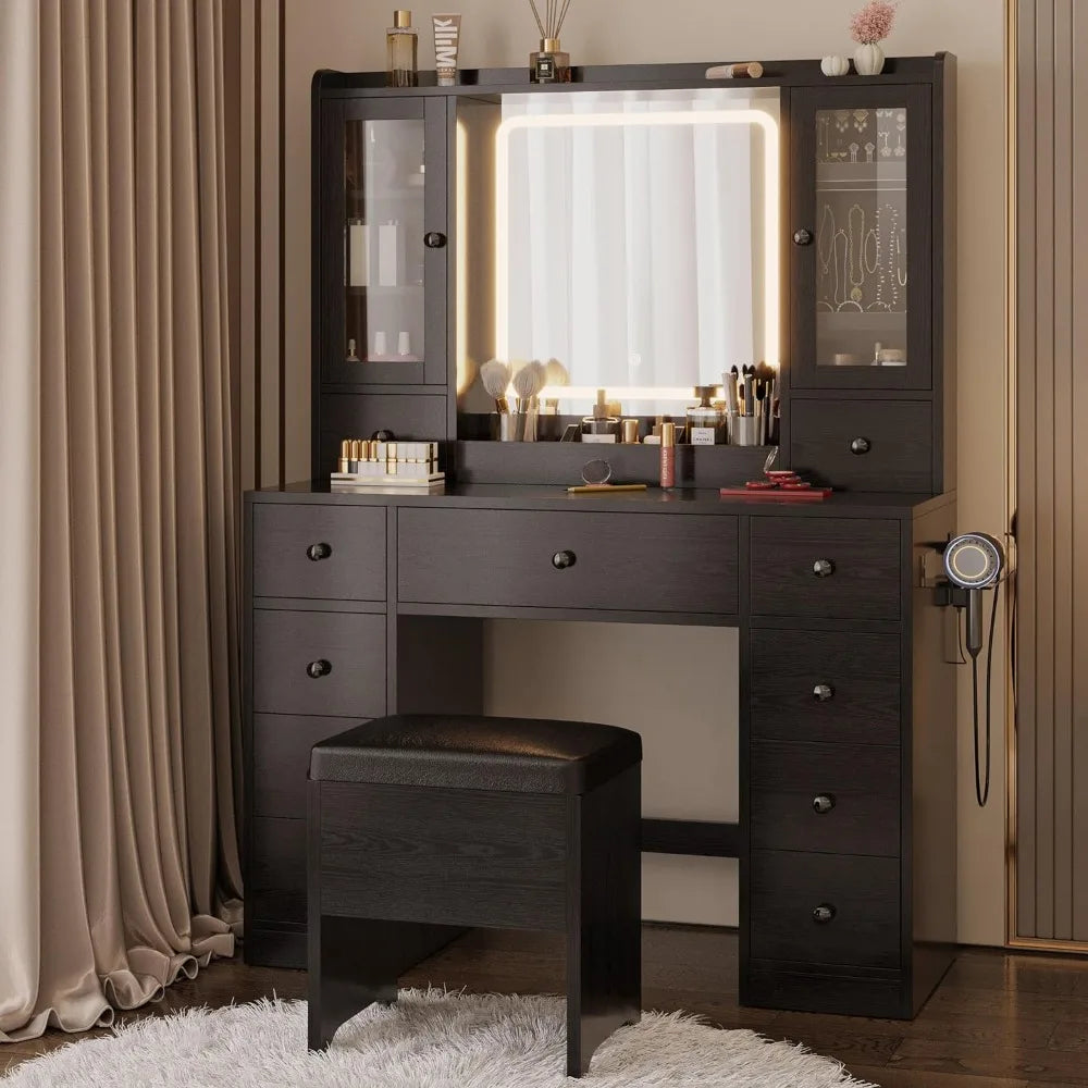 41.5inch Vanity Desk Set,LED Lights Mirror and Charging Station, Bedroom Dressing Table.