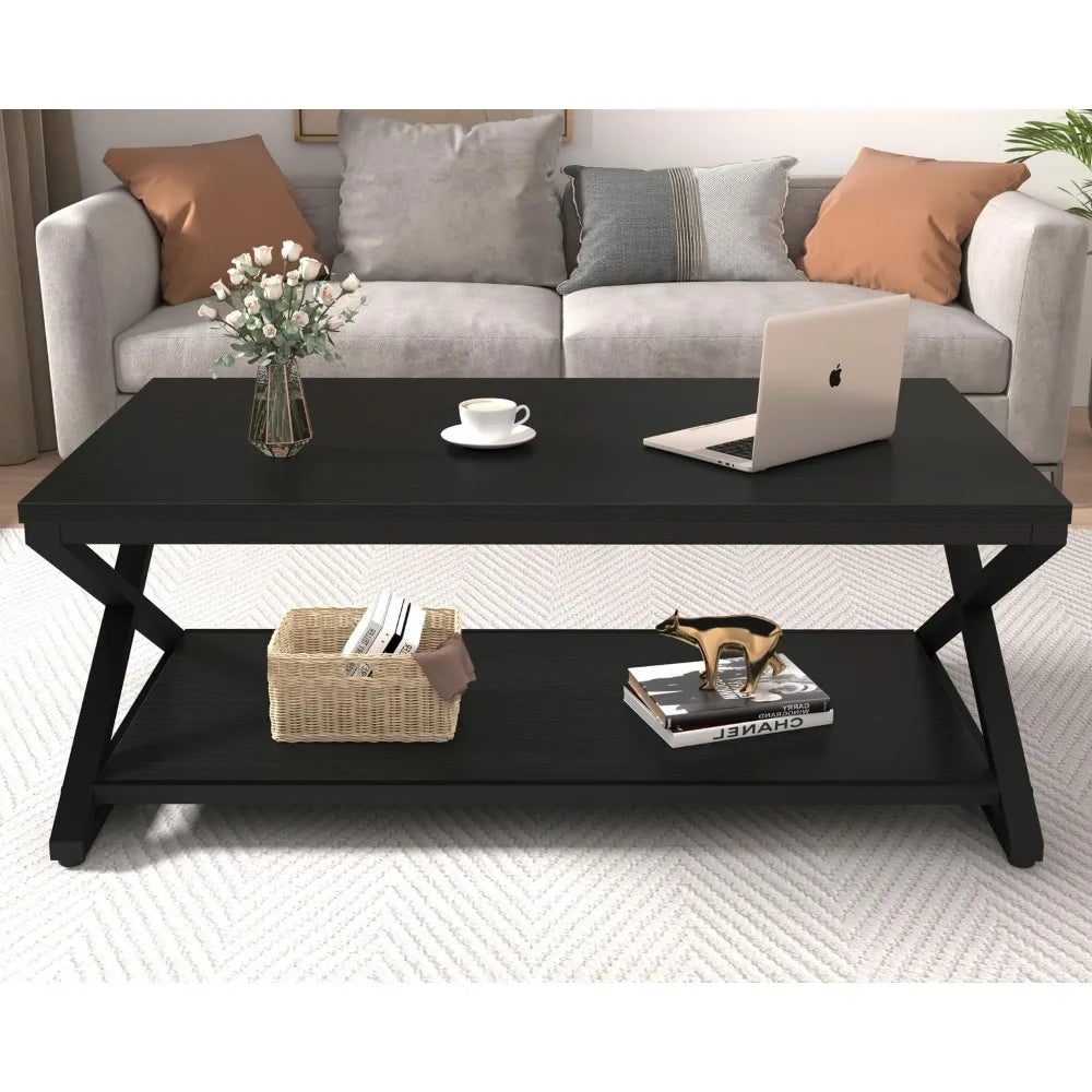 Modern coffee table, rectangular cocktail table, minimalist industrial wooden and metal center table, living room and office