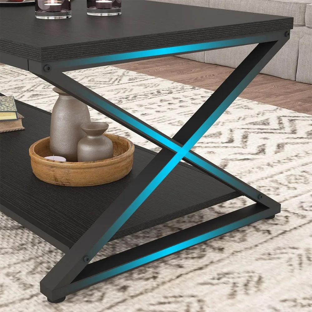 Modern coffee table, rectangular cocktail table, minimalist industrial wooden and metal center table, living room and office