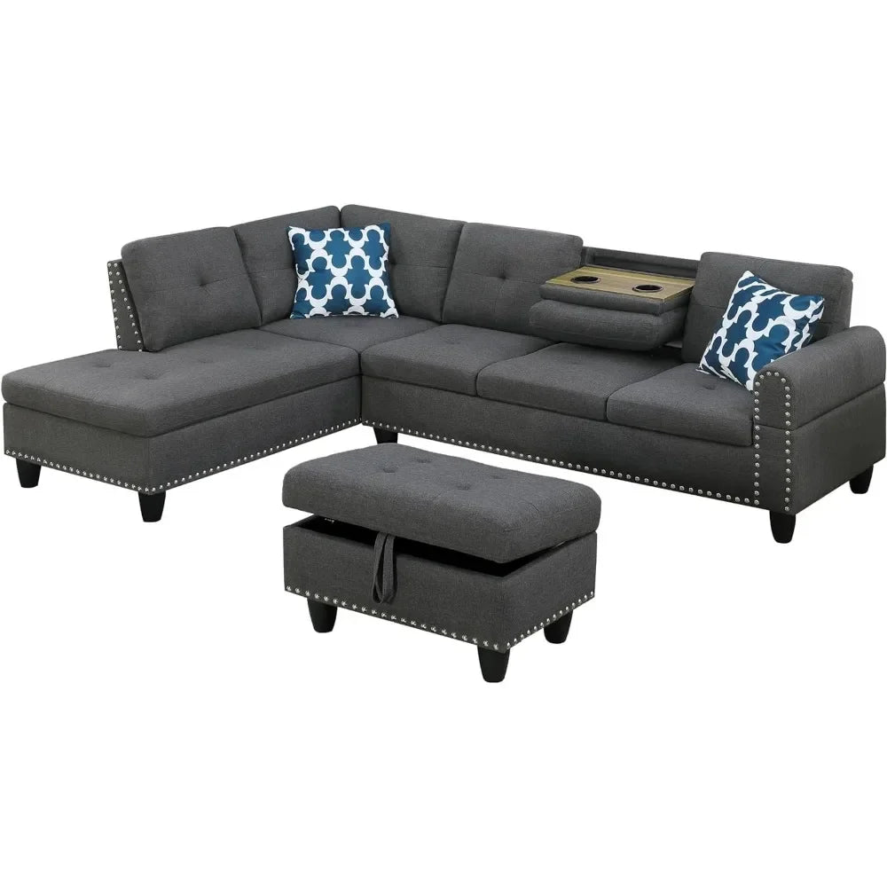 Living Room Sofa with 2 Cup Holders and Storage Footrest, 3 Piece Modular Sofa Set