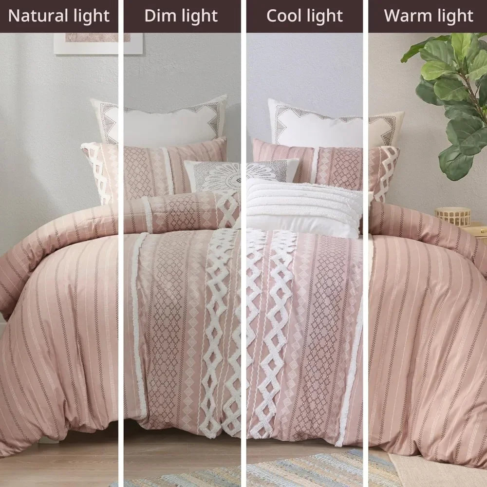 Comforter for King Size Bed, Chenille Tufted, Breathable Cotton Set King, All Season, 2 Matching Shams, King Blush 3 Piece