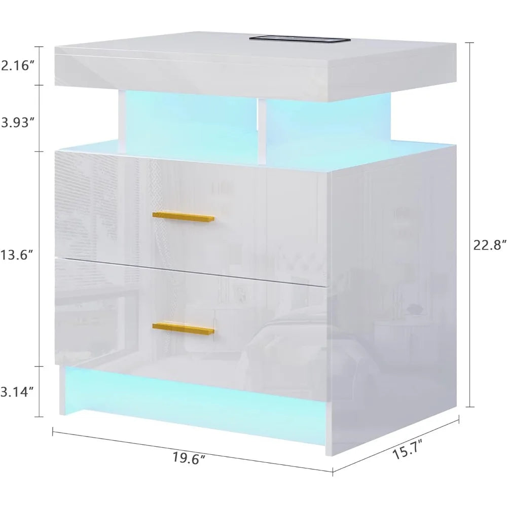 Auto LED Nightstand With Wireless Charging Station & USB Ports Bedside Tables
