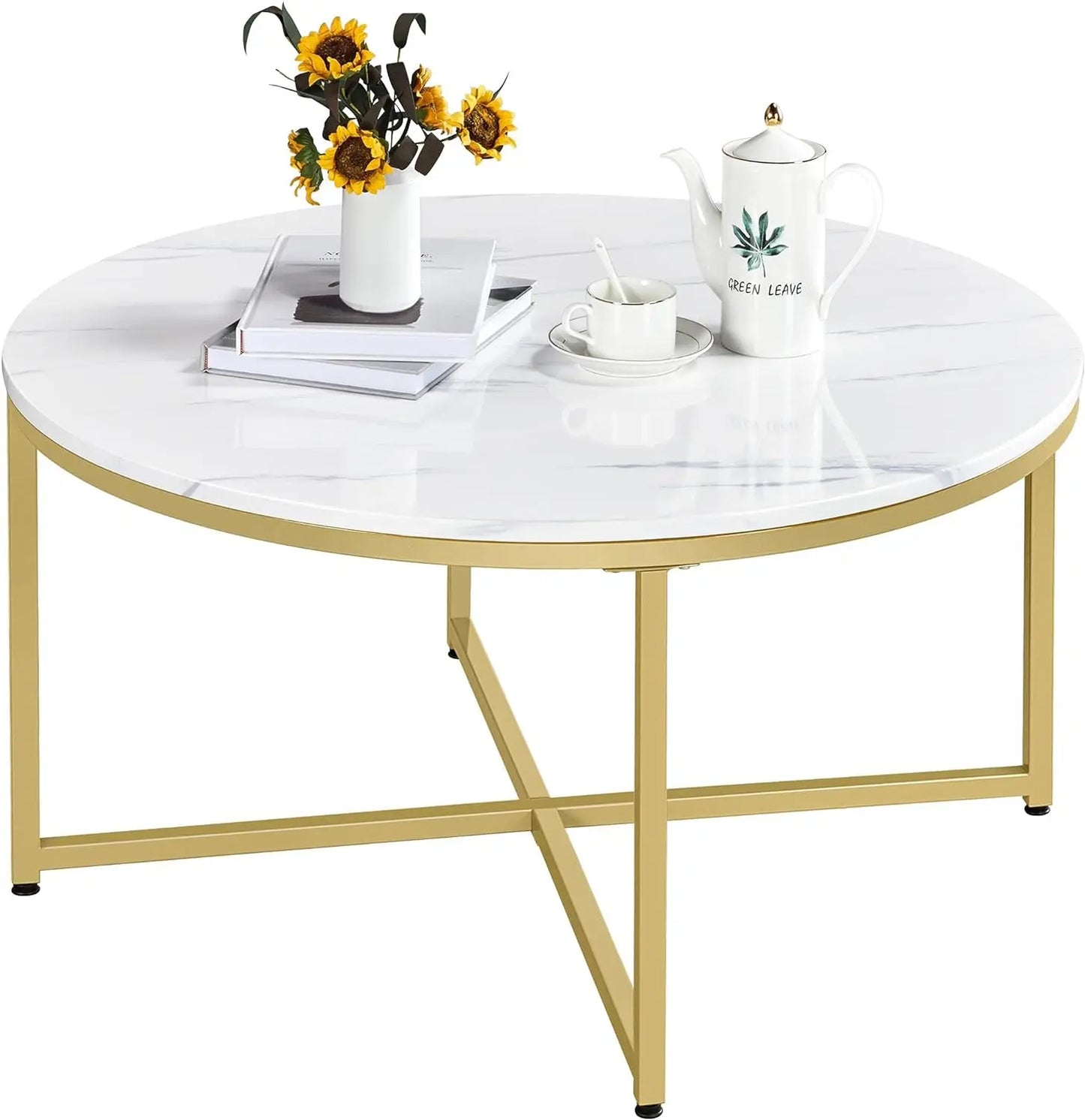 Faux Marble Coffee Table,Round Coffee Table with Metal Legs for Living Room, Modern Center Table for Home & Office, White Gold