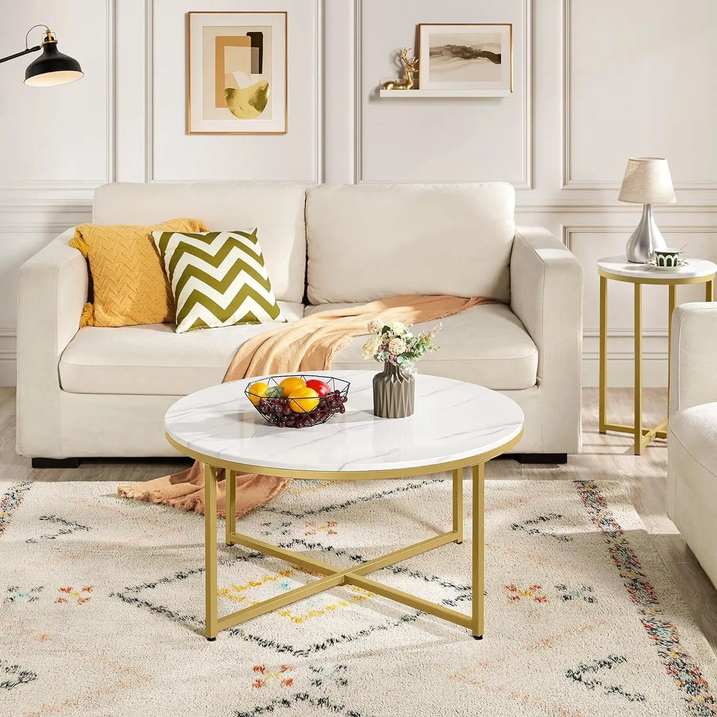 Faux Marble Coffee Table,Round Coffee Table with Metal Legs for Living Room, Modern Center Table for Home & Office, White Gold
