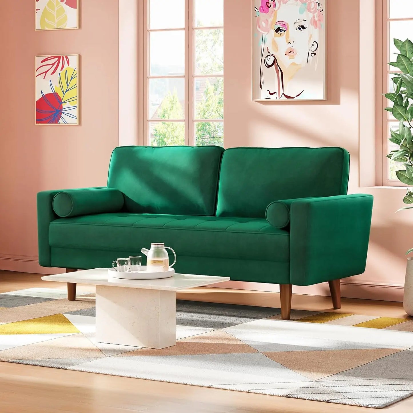 Velvet Sofa with 2 Bolster Pillows, Track Armrest