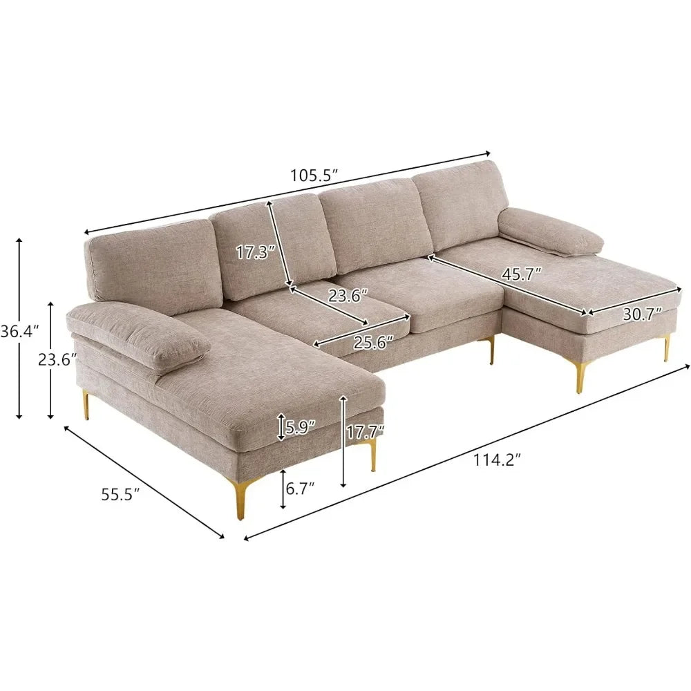 U-Shape Sofas 4-Seat with Chaise Chenille Fabric Upholstered