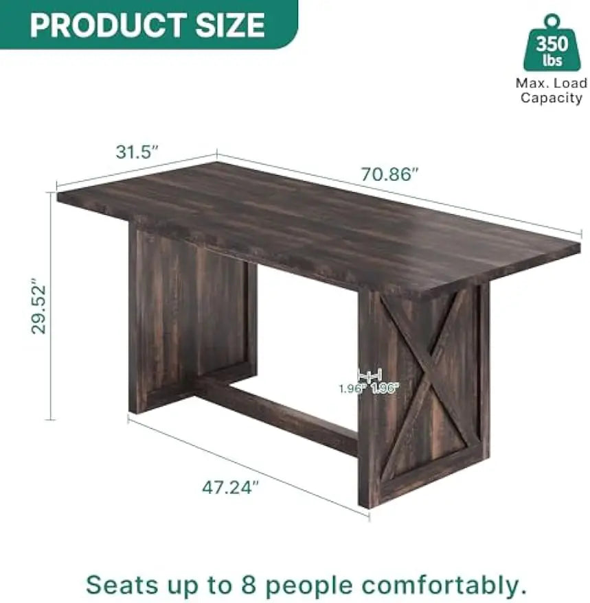 Large Farmhouse Kitchen Dining Room Table for 6 to 8 People, Rustic Oak Industrial Wood Style Rectangle Apartment Dinning