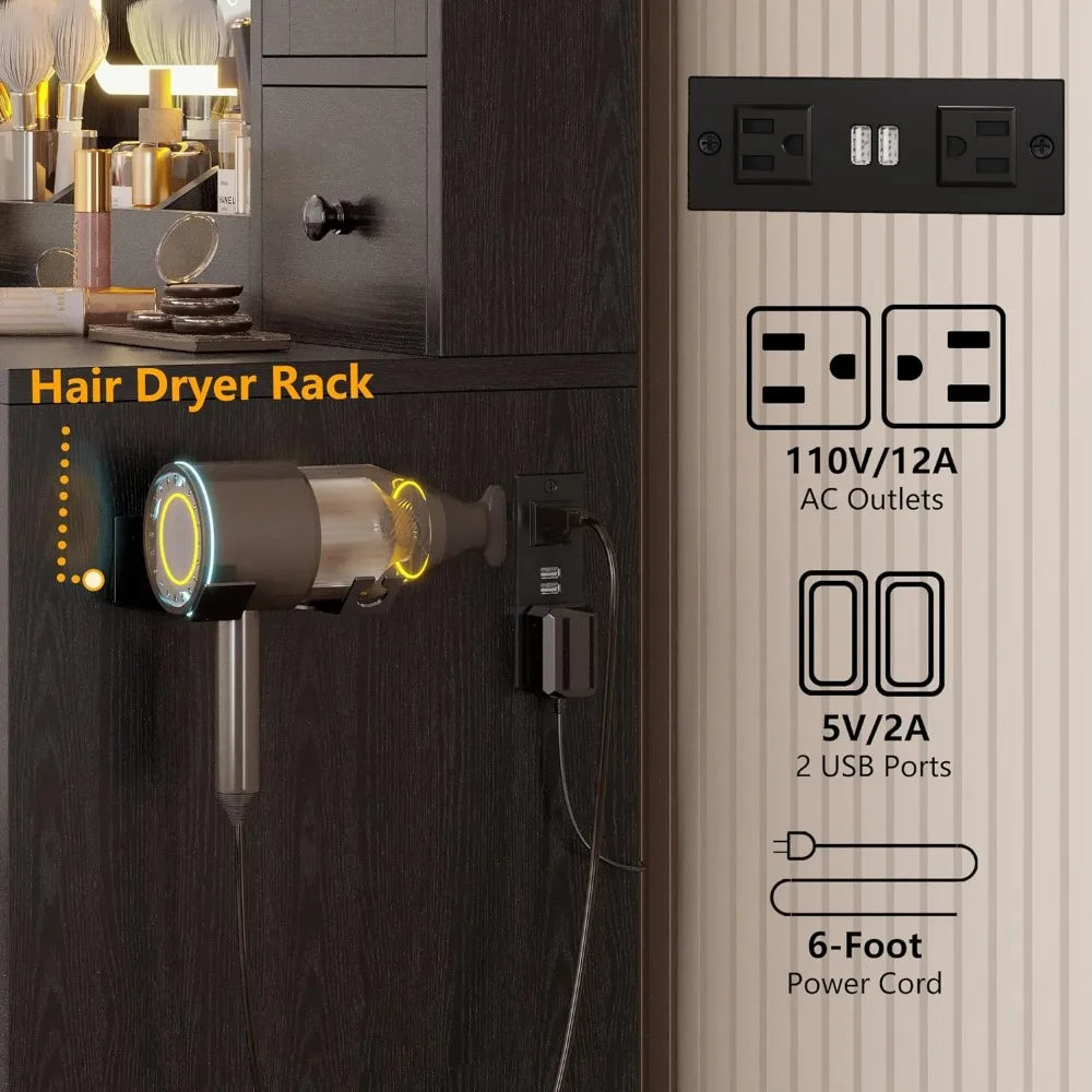 41.5inch Vanity Desk Set,LED Lights Mirror and Charging Station, Bedroom Dressing Table.