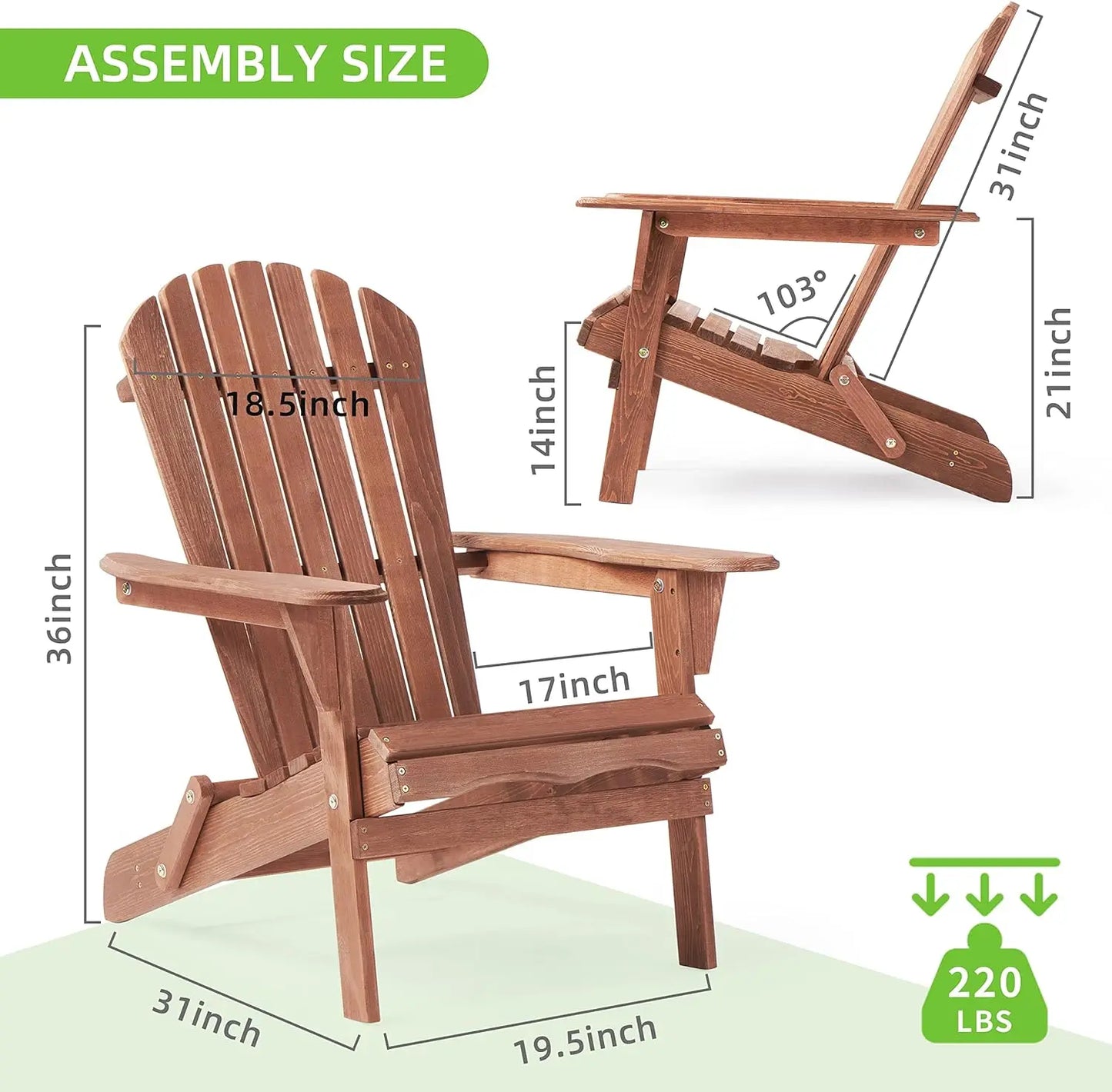 Outdoor Wooden Folding Adirondack Chair Set of 2 with Pre-Assembled BackRest, Wood Patio Chair for Garden Backyard Porch Pool