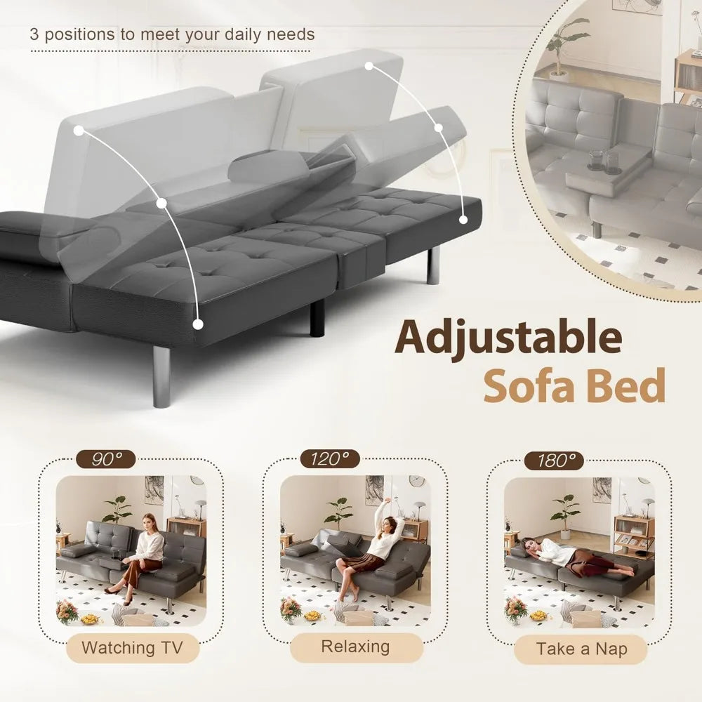 Convertible folding faux leather upholstered two-seater sofa with removable armrests