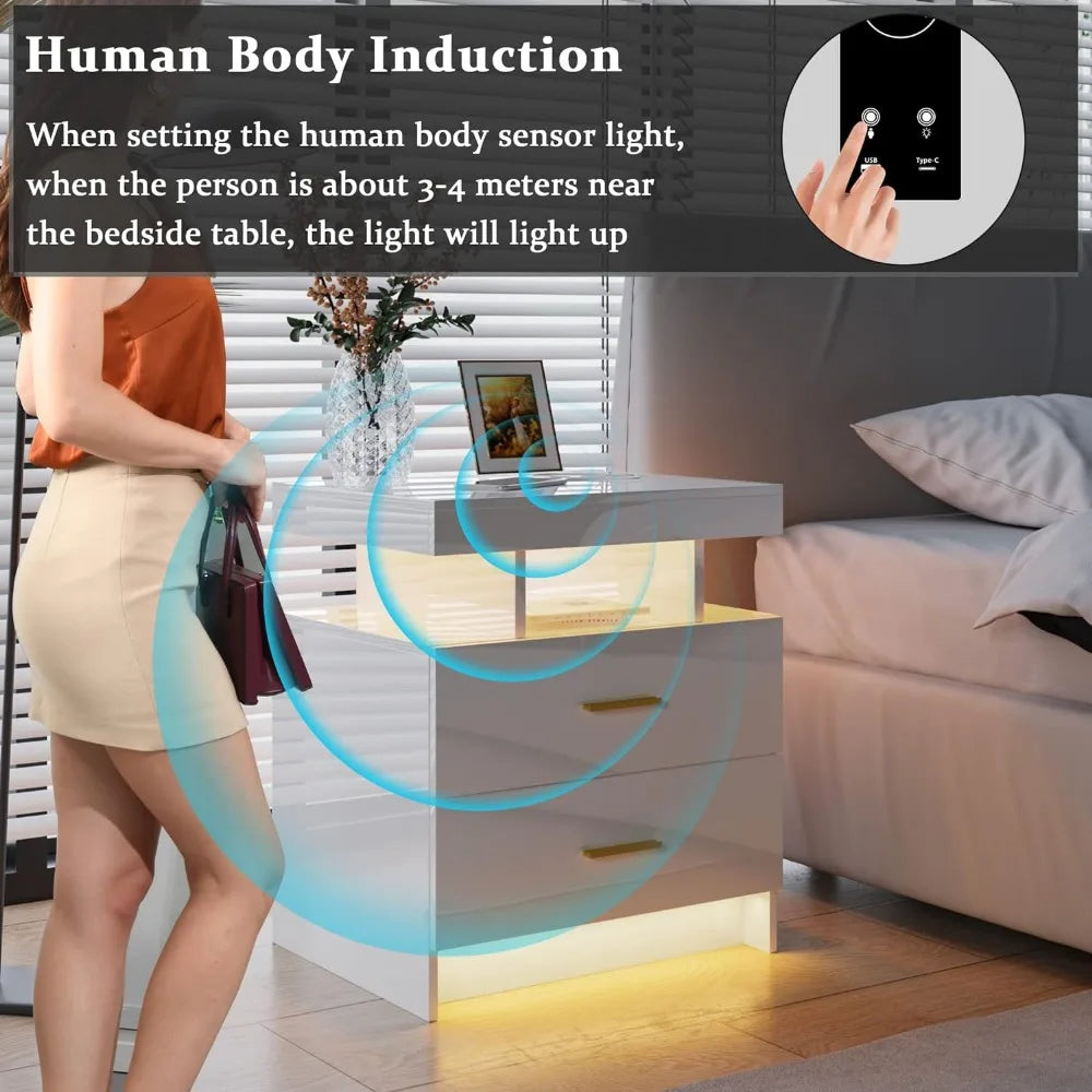 Auto LED Nightstand With Wireless Charging Station & USB Ports Bedside Tables