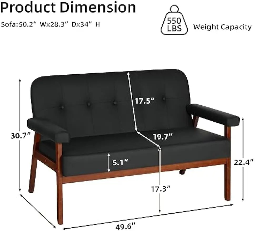 Couch Loveseat Sofa with Wood Arms, Mid Century Modern Love Seat Sofas Lounge Armchair Living Room Bedroom (Black (loveseat))