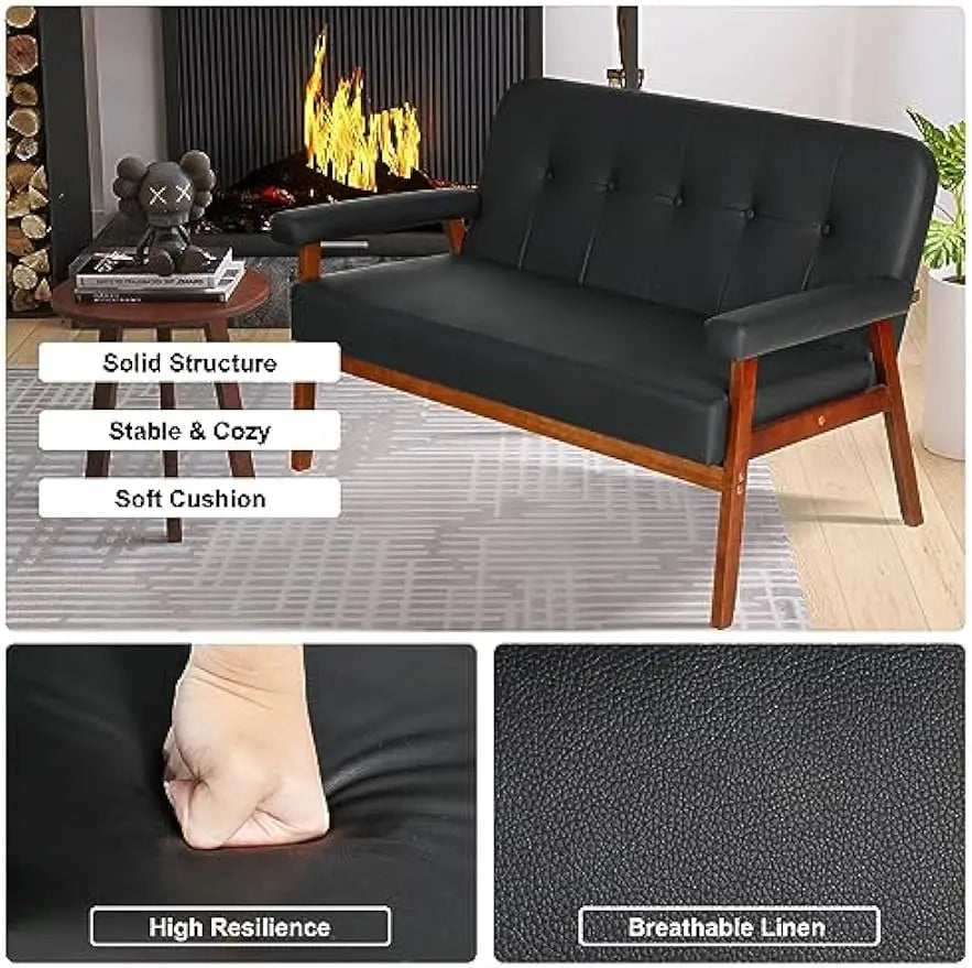 Couch Loveseat Sofa with Wood Arms, Mid Century Modern Love Seat Sofas Lounge Armchair Living Room Bedroom (Black (loveseat))