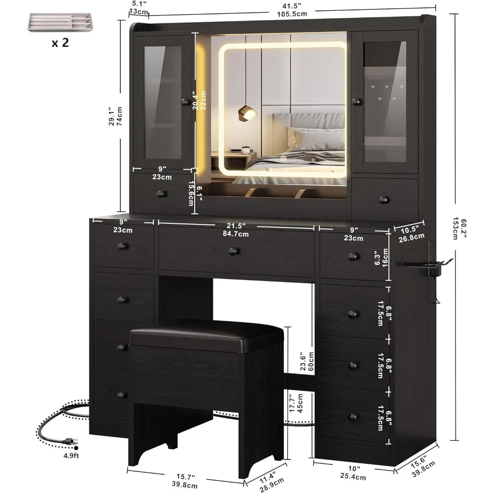 41.5inch Vanity Desk Set,LED Lights Mirror and Charging Station, Bedroom Dressing Table.