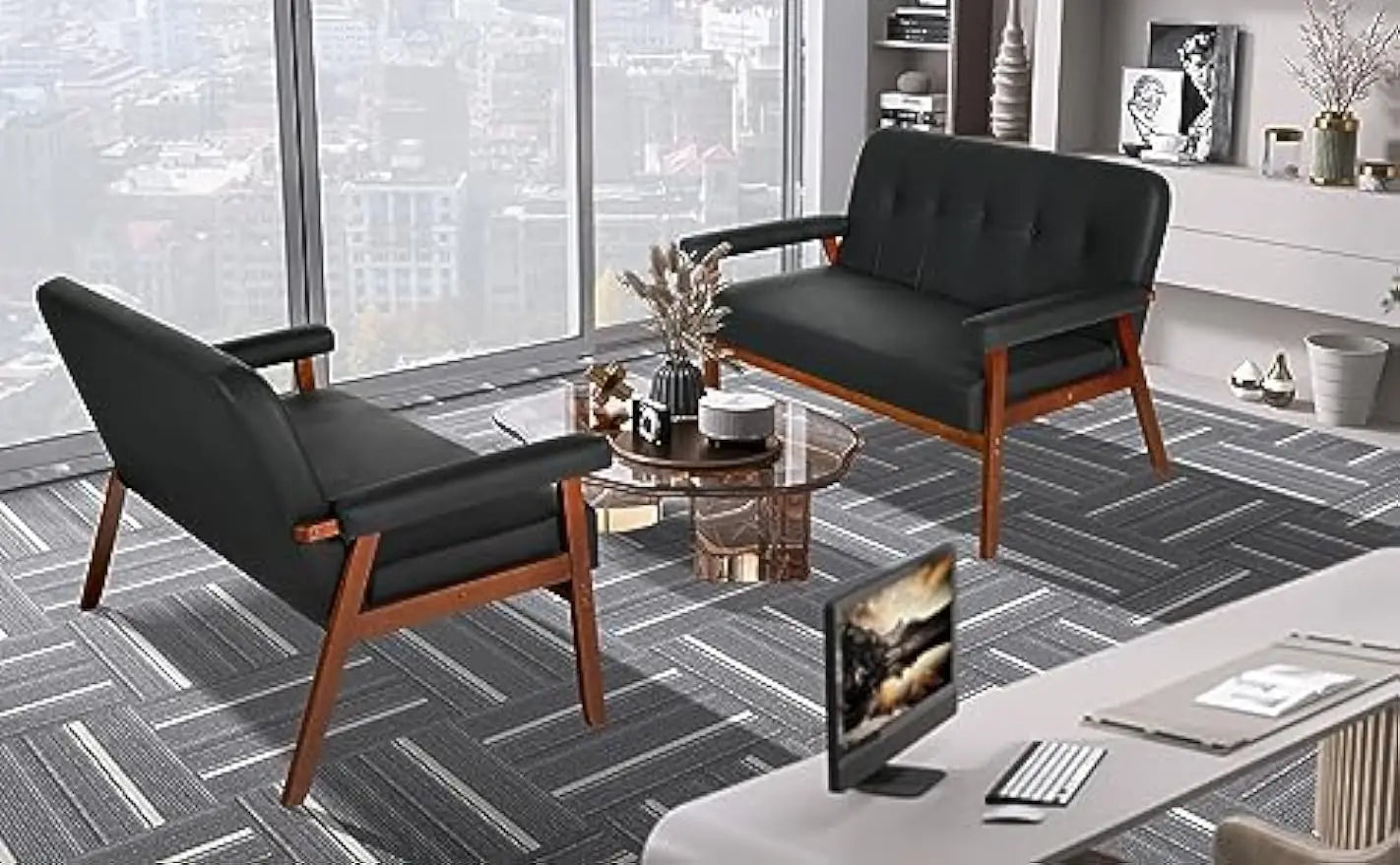 Couch Loveseat Sofa with Wood Arms, Mid Century Modern Love Seat Sofas Lounge Armchair Living Room Bedroom (Black (loveseat))