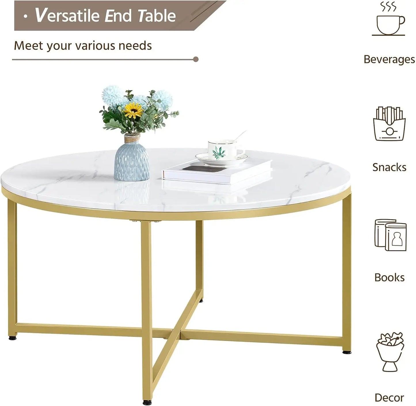 Faux Marble Coffee Table,Round Coffee Table with Metal Legs for Living Room, Modern Center Table for Home & Office, White Gold