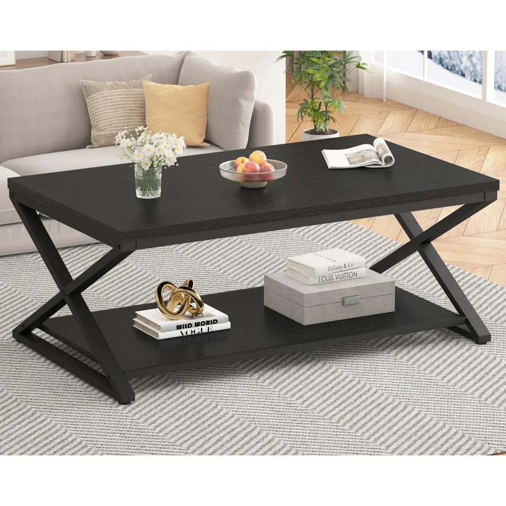 Modern coffee table, rectangular cocktail table, minimalist industrial wooden and metal center table, living room and office