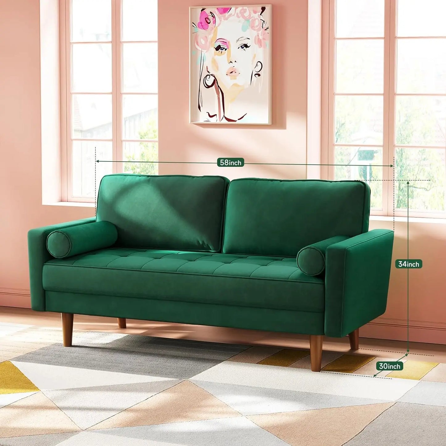 Velvet Sofa with 2 Bolster Pillows, Track Armrest