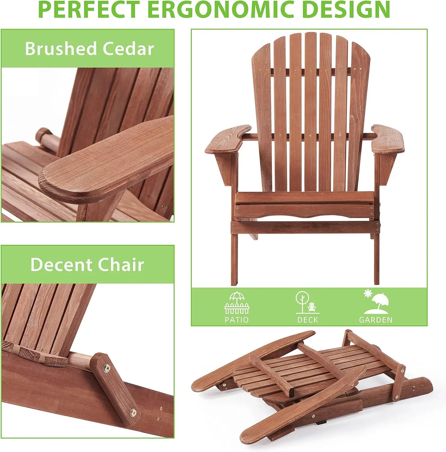 Outdoor Wooden Folding Adirondack Chair Set of 2 with Pre-Assembled BackRest, Wood Patio Chair for Garden Backyard Porch Pool