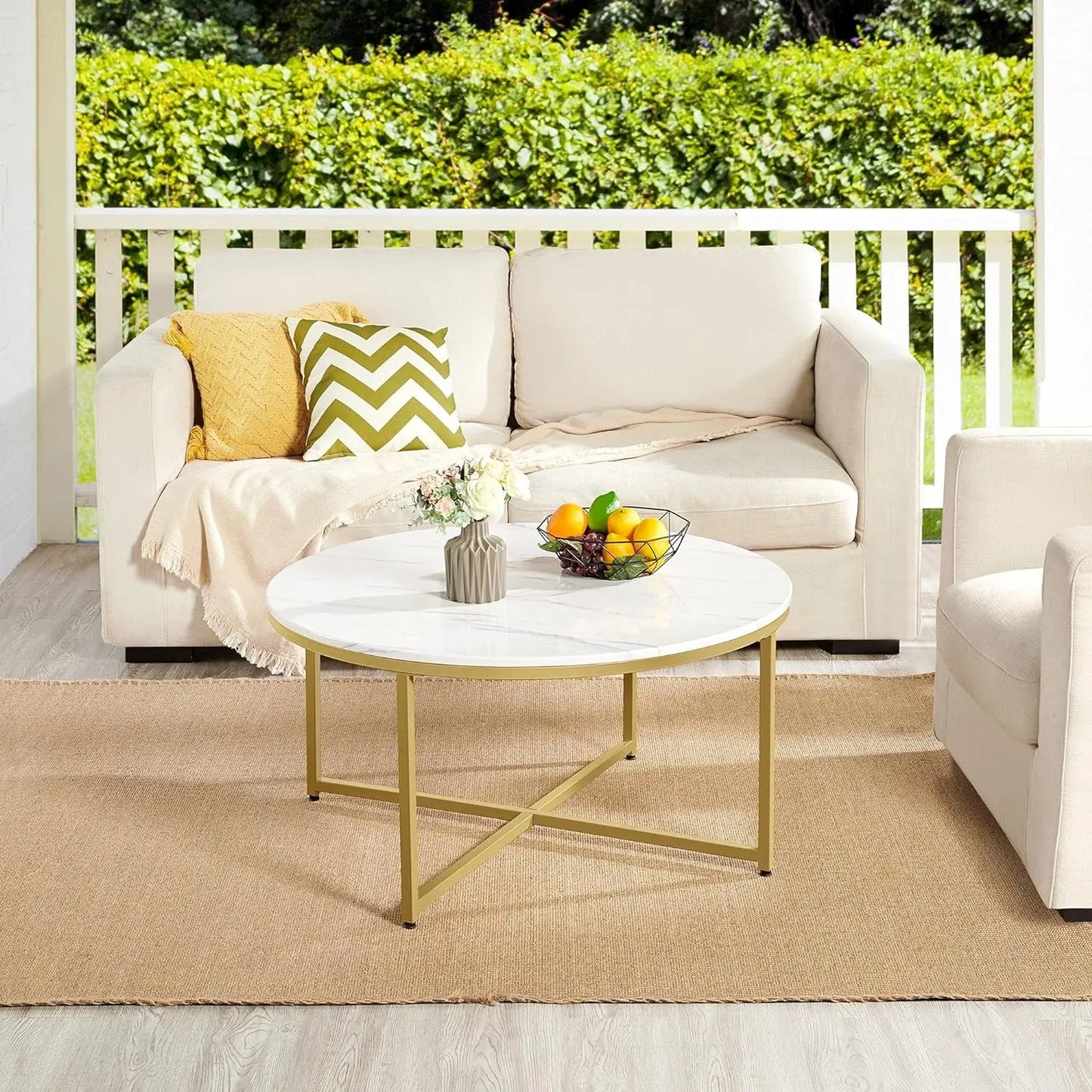 Faux Marble Coffee Table,Round Coffee Table with Metal Legs for Living Room, Modern Center Table for Home & Office, White Gold