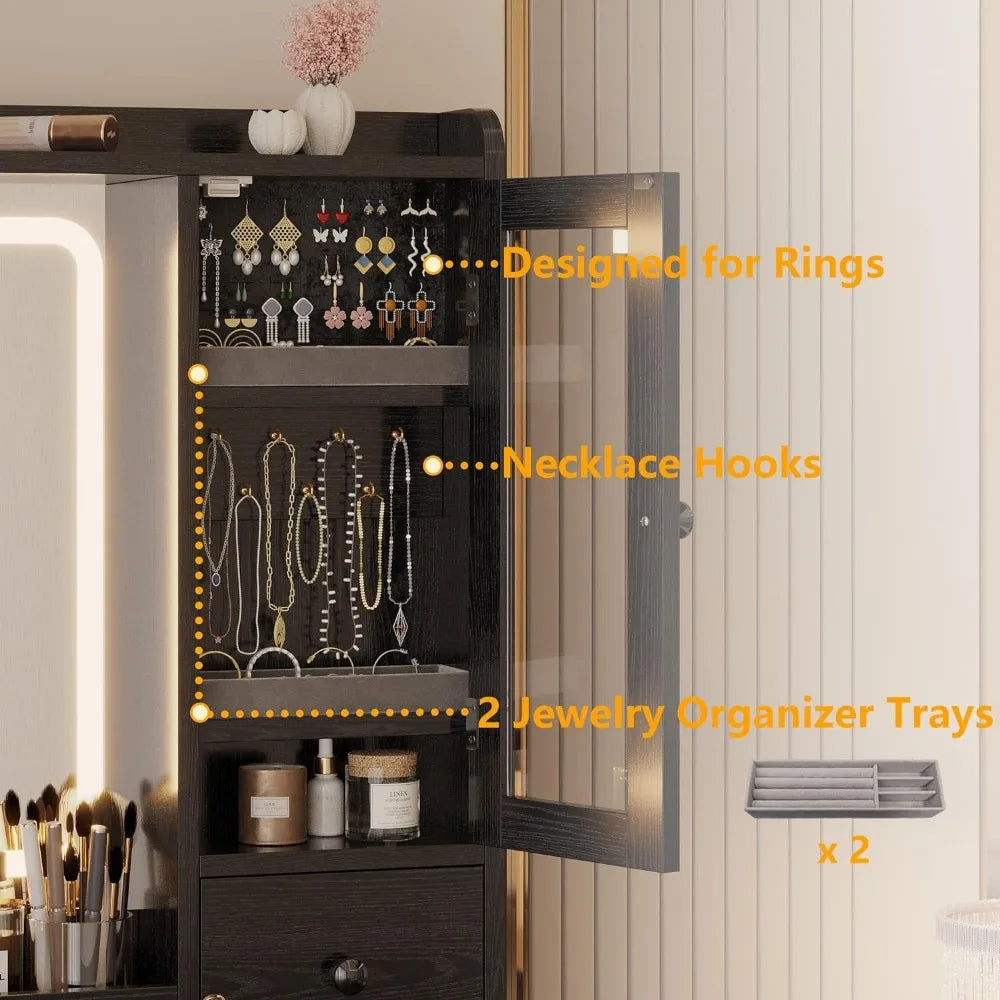 41.5inch Vanity Desk Set,LED Lights Mirror and Charging Station, Bedroom Dressing Table.