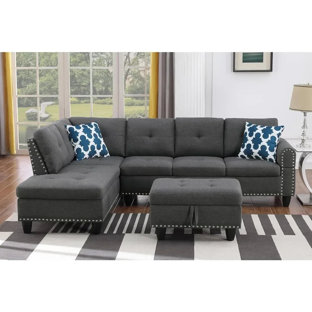 Living Room Sofa with 2 Cup Holders and Storage Footrest, 3 Piece Modular Sofa Set