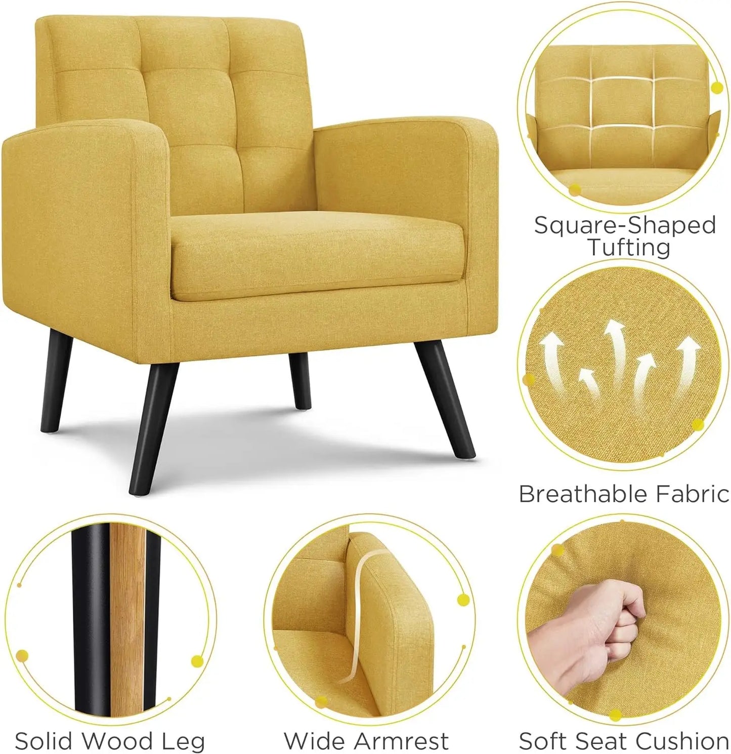 Mid-Century Accent Chairs, Modern Upholstered Living Room Chair, Cozy Armchair Button Tufted Back and Wood Legs for Bedroom