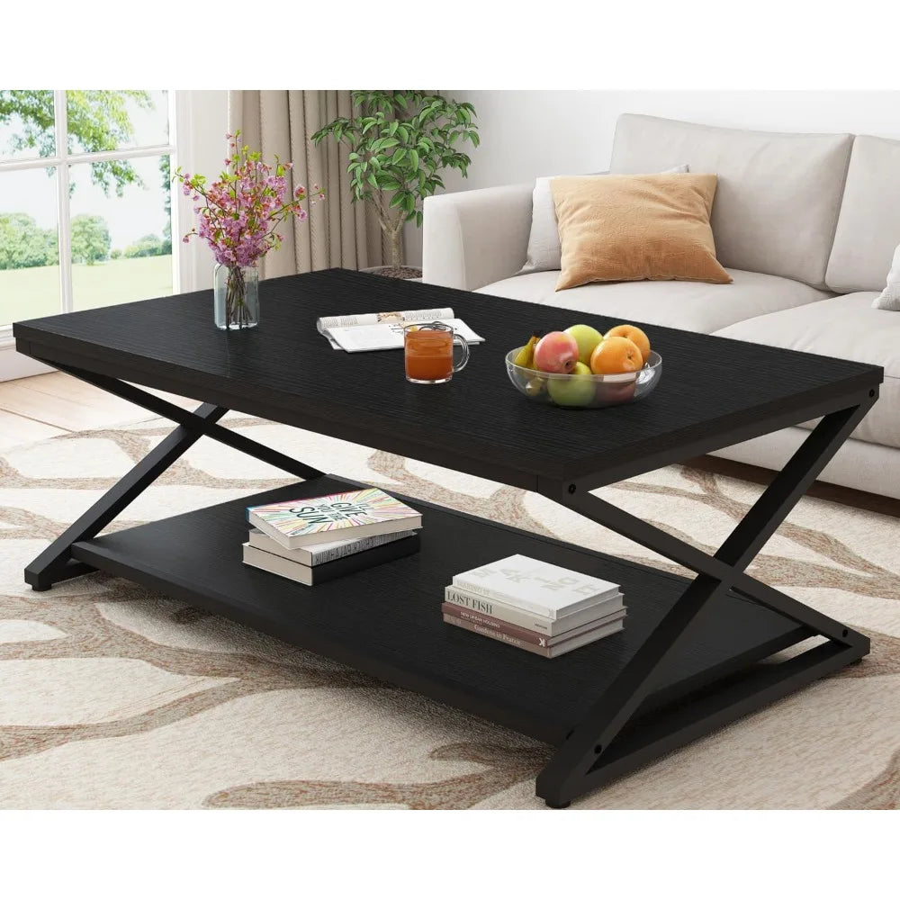Modern coffee table, rectangular cocktail table, minimalist industrial wooden and metal center table, living room and office