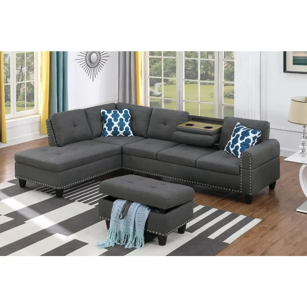 Living Room Sofa with 2 Cup Holders and Storage Footrest, 3 Piece Modular Sofa Set