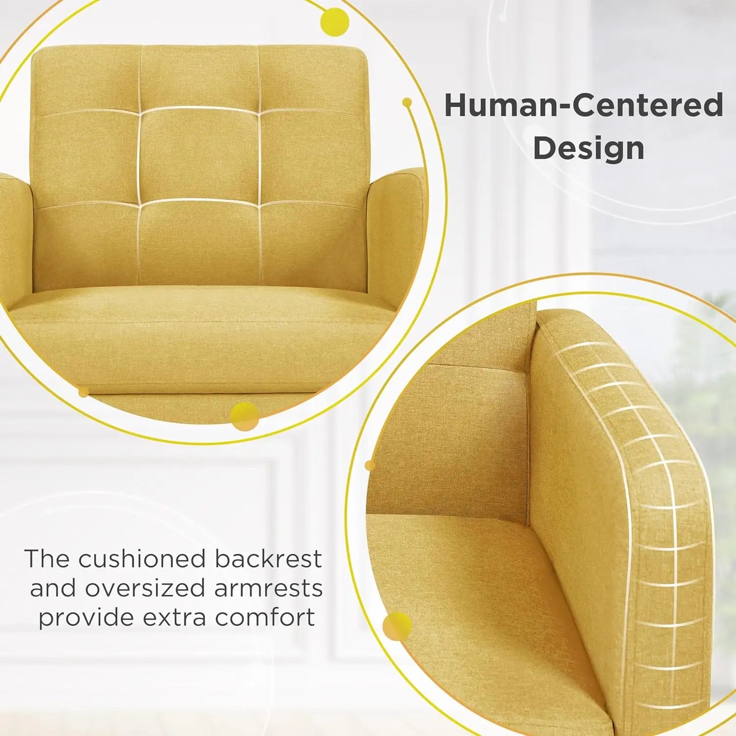 Mid-Century Accent Chairs, Modern Upholstered Living Room Chair, Cozy Armchair Button Tufted Back and Wood Legs for Bedroom