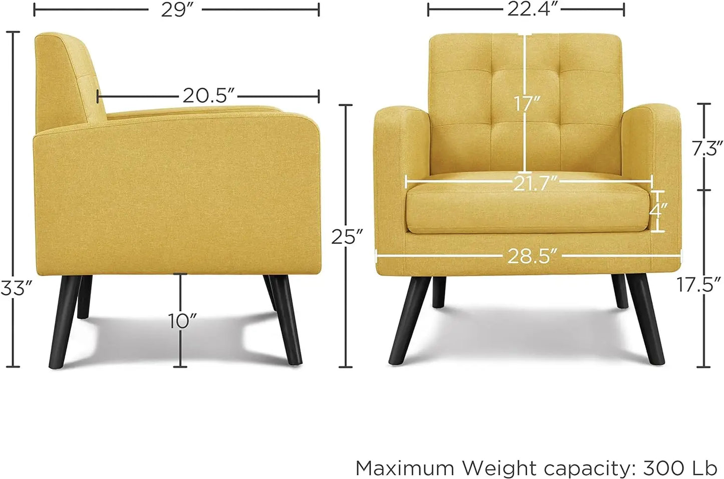 Mid-Century Accent Chairs, Modern Upholstered Living Room Chair, Cozy Armchair Button Tufted Back and Wood Legs for Bedroom