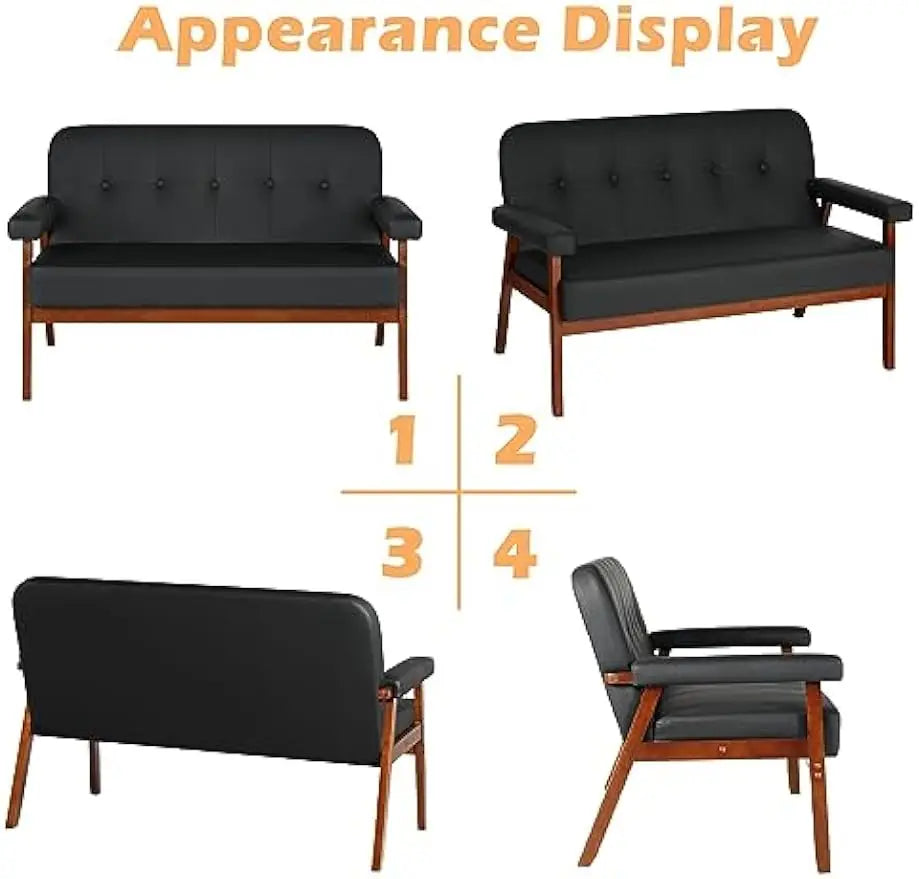 Couch Loveseat Sofa with Wood Arms, Mid Century Modern Love Seat Sofas Lounge Armchair Living Room Bedroom (Black (loveseat))