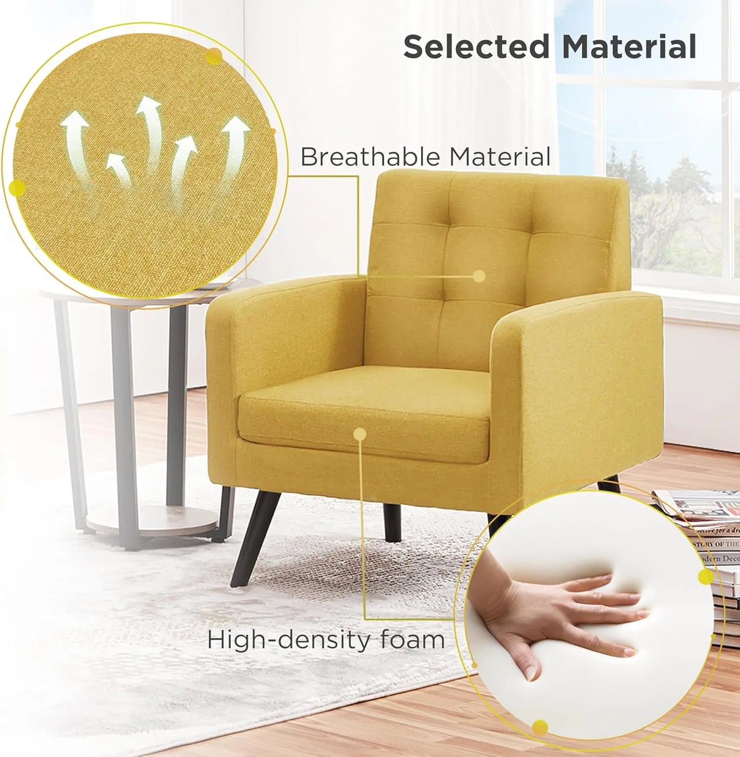 Mid-Century Accent Chairs, Modern Upholstered Living Room Chair, Cozy Armchair Button Tufted Back and Wood Legs for Bedroom