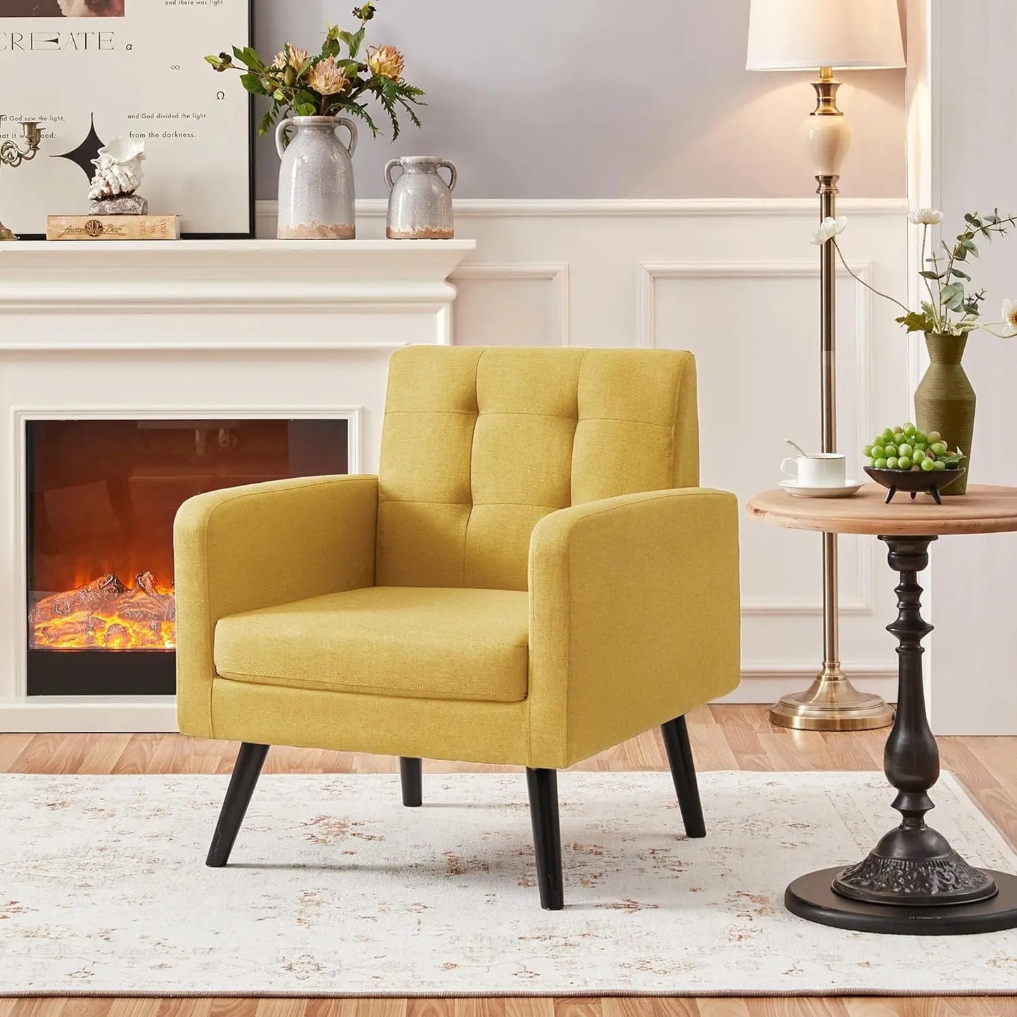 Mid-Century Accent Chairs, Modern Upholstered Living Room Chair, Cozy Armchair Button Tufted Back and Wood Legs for Bedroom