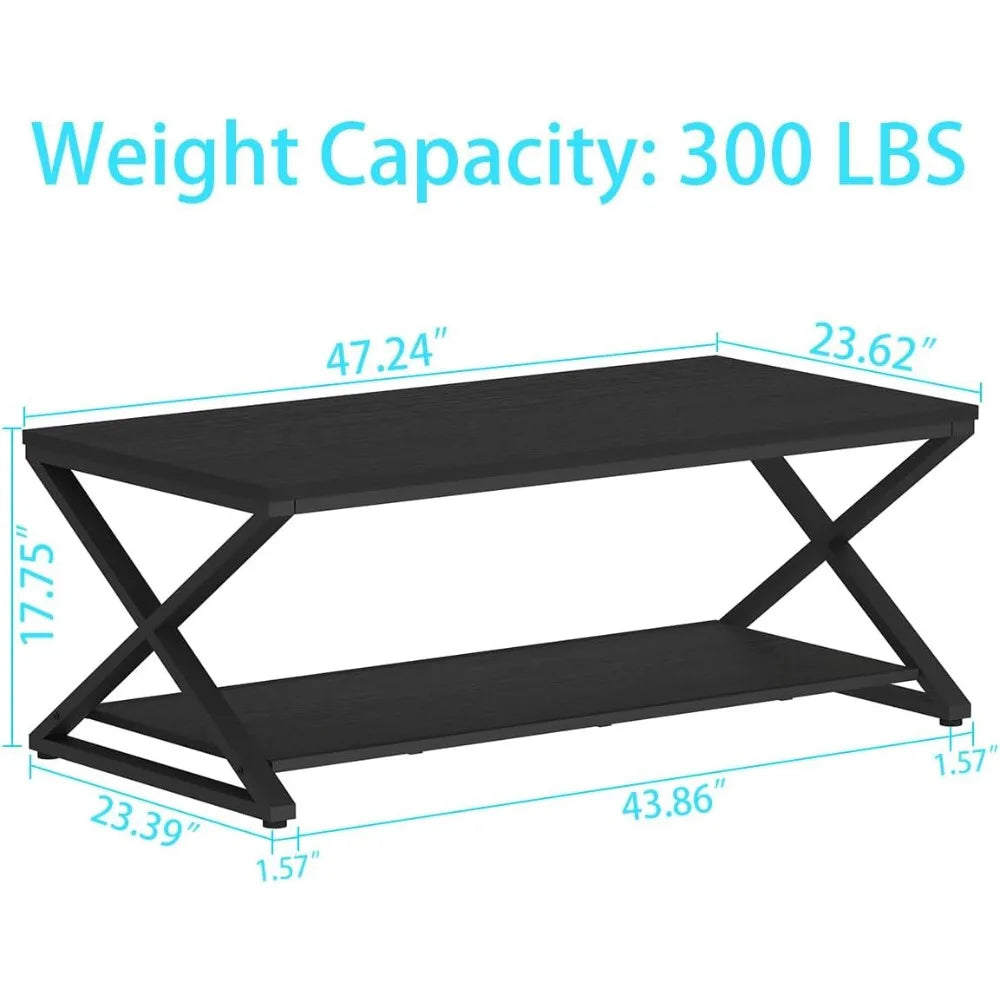 Modern coffee table, rectangular cocktail table, minimalist industrial wooden and metal center table, living room and office