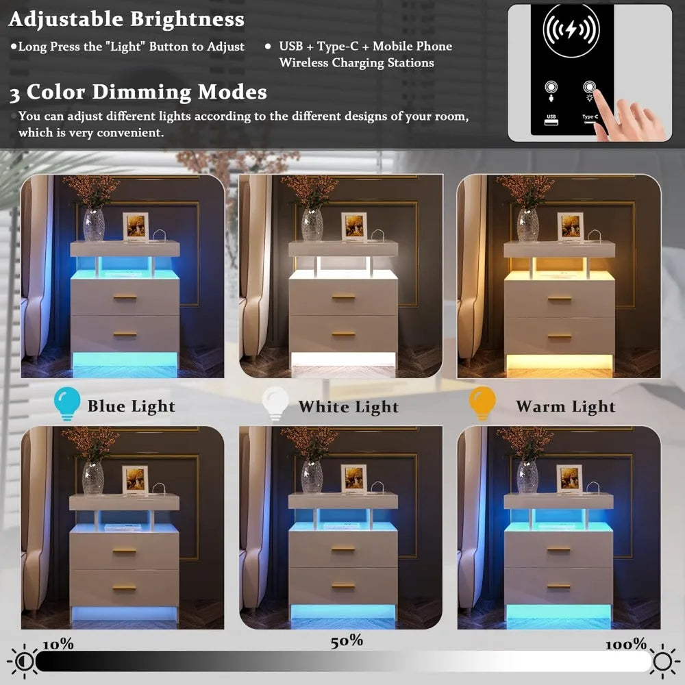 Auto LED Nightstand With Wireless Charging Station & USB Ports Bedside Tables