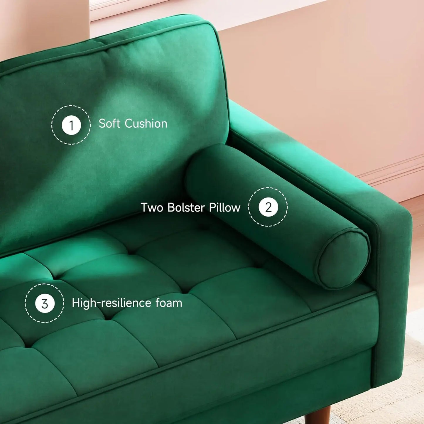 Velvet Sofa with 2 Bolster Pillows, Track Armrest