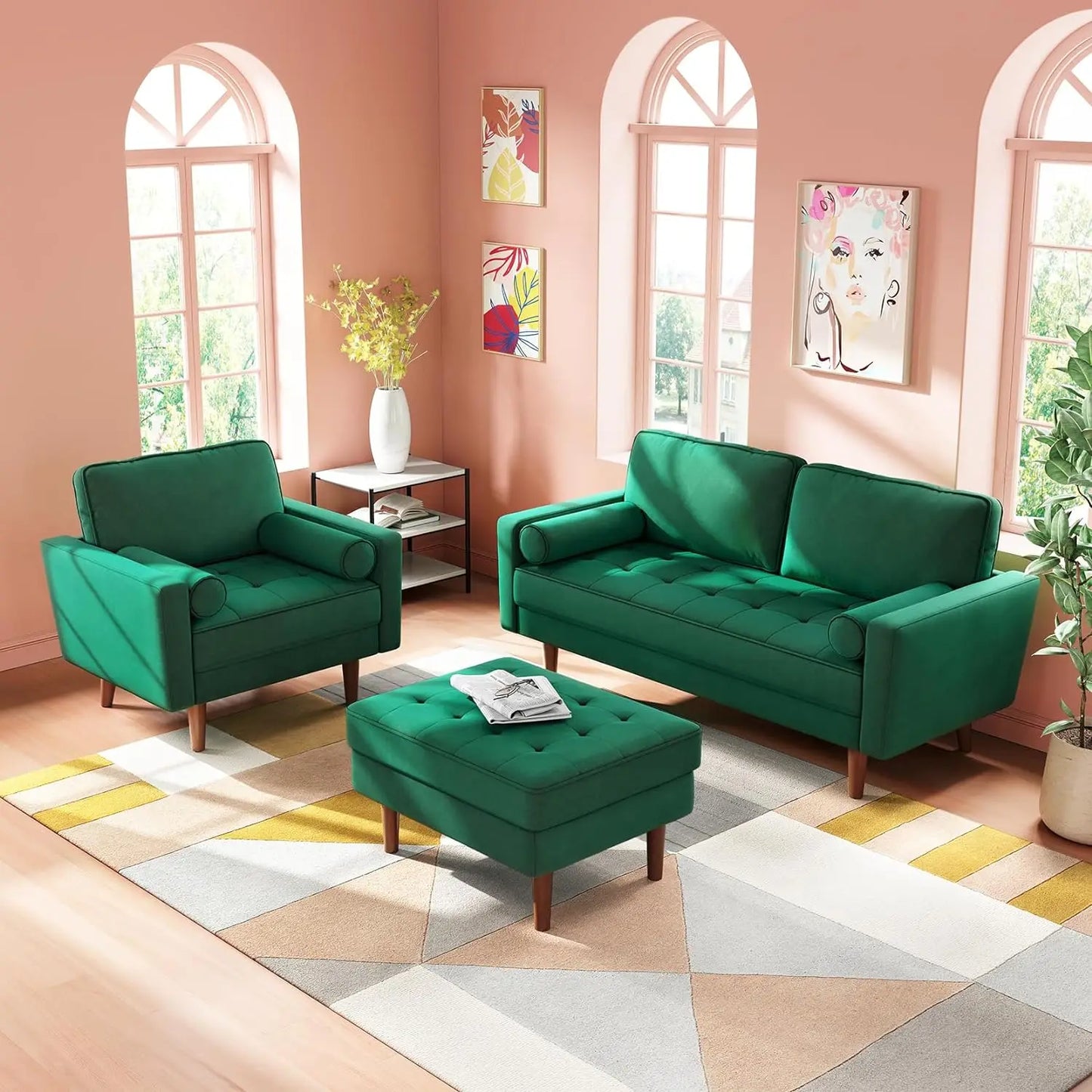 Velvet Sofa with 2 Bolster Pillows, Track Armrest