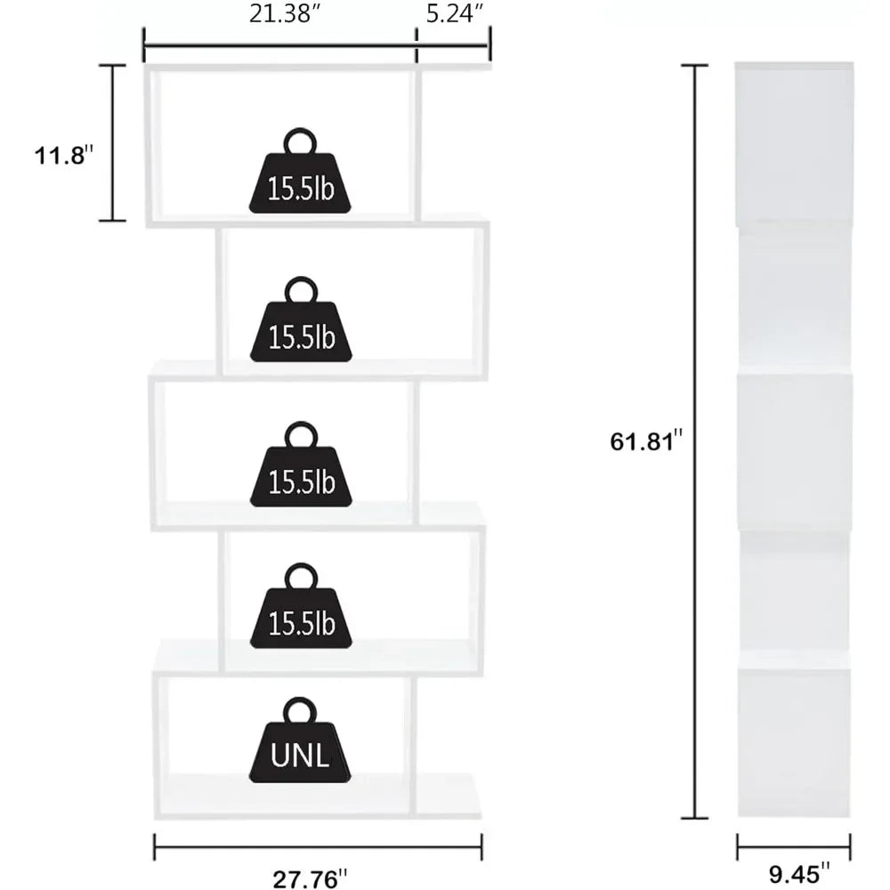 Bookshelf 5-Tier, Geometric Bookcase S Shaped Bookshelves for Bedroom, Wood Decorative Display Shelf Bookcase for Home Office