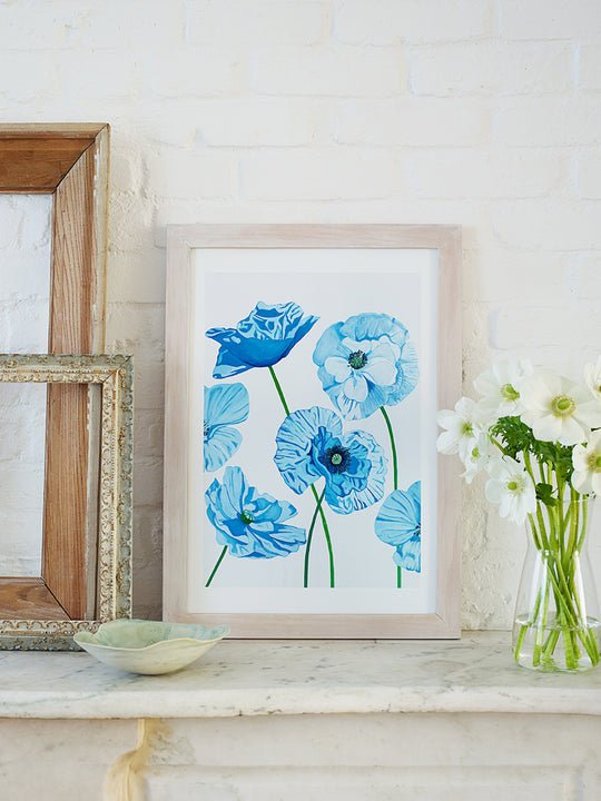Art Print: Blue Poppies on Pale Grey - Bluepandahomedecor