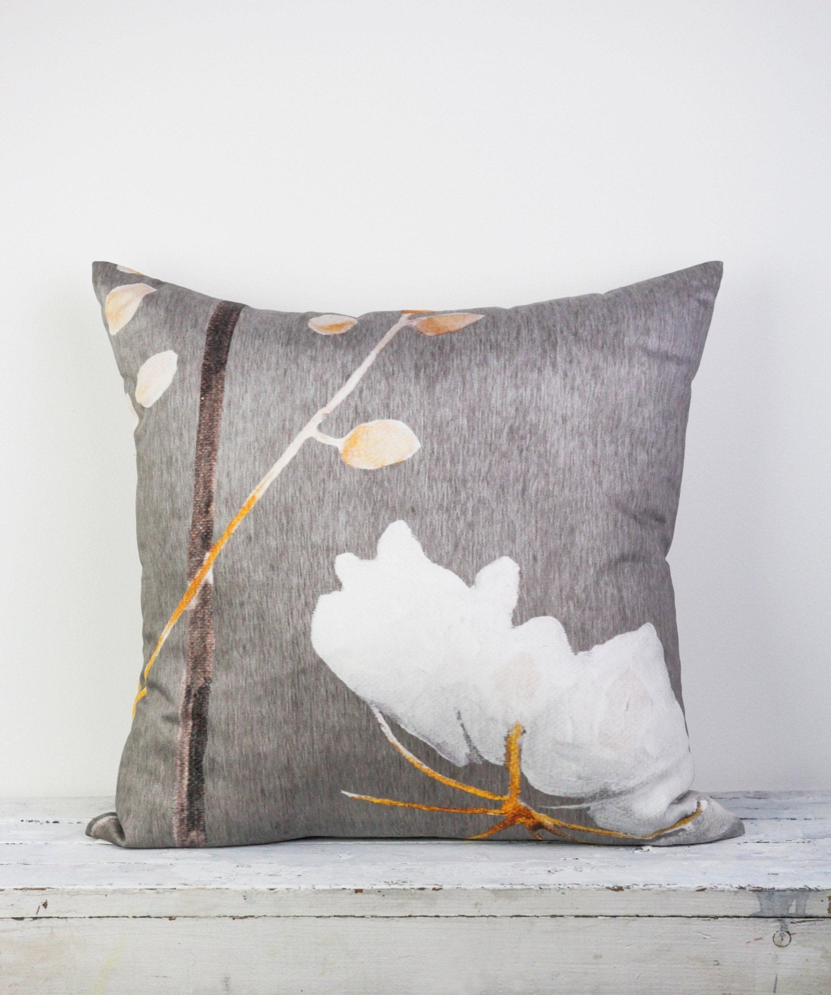 Cotton Sateen Throw Pillow: Big White Flower on Medium Grey - Bluepandahomedecor
