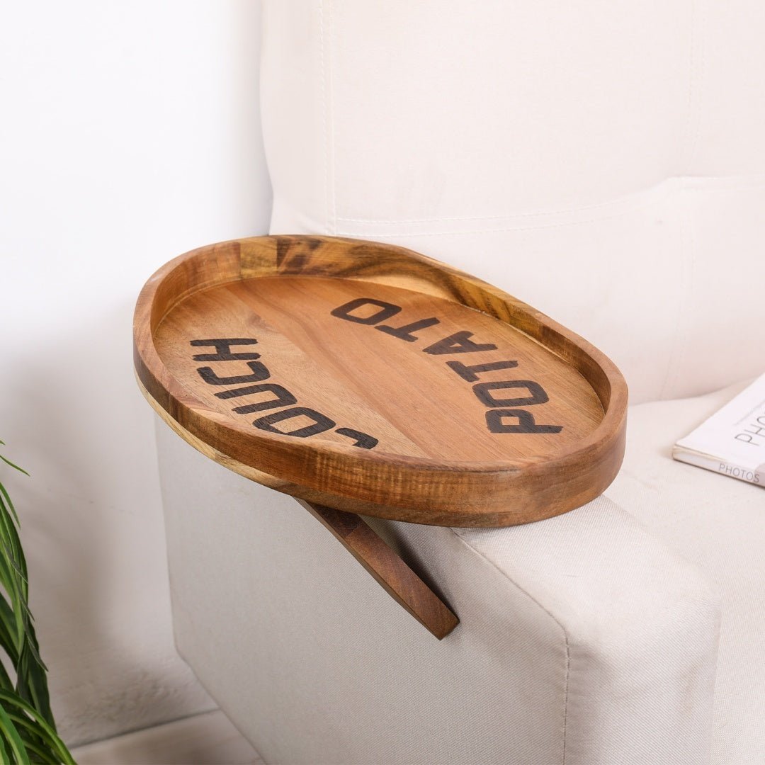 Couch Potato Tray - Smart Clip - On Sofa Tray Made of Acacia Wood - Bluepandahomedecor