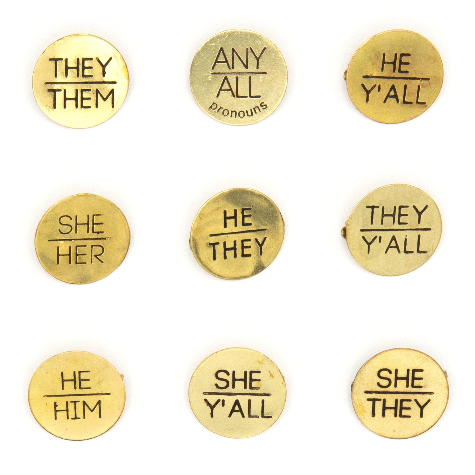 Pronoun Pins - Brass - Bluepandahomedecor