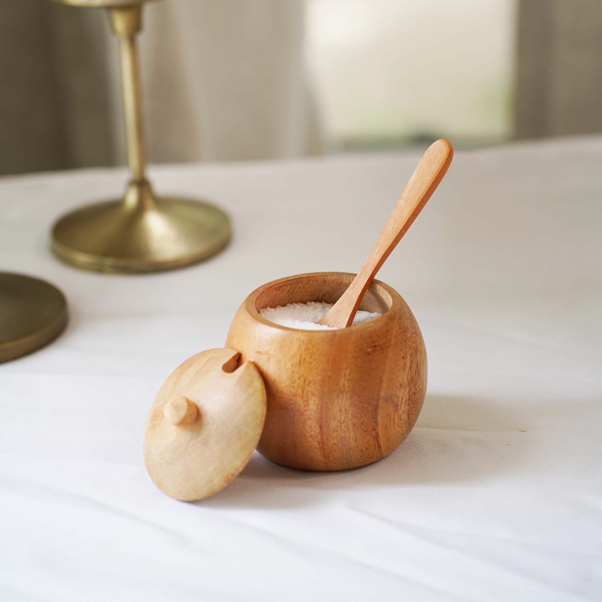Small Teak Wood Seasoning Bowl with Spoon, Handturned Wooden Spice Jar - Bluepandahomedecor