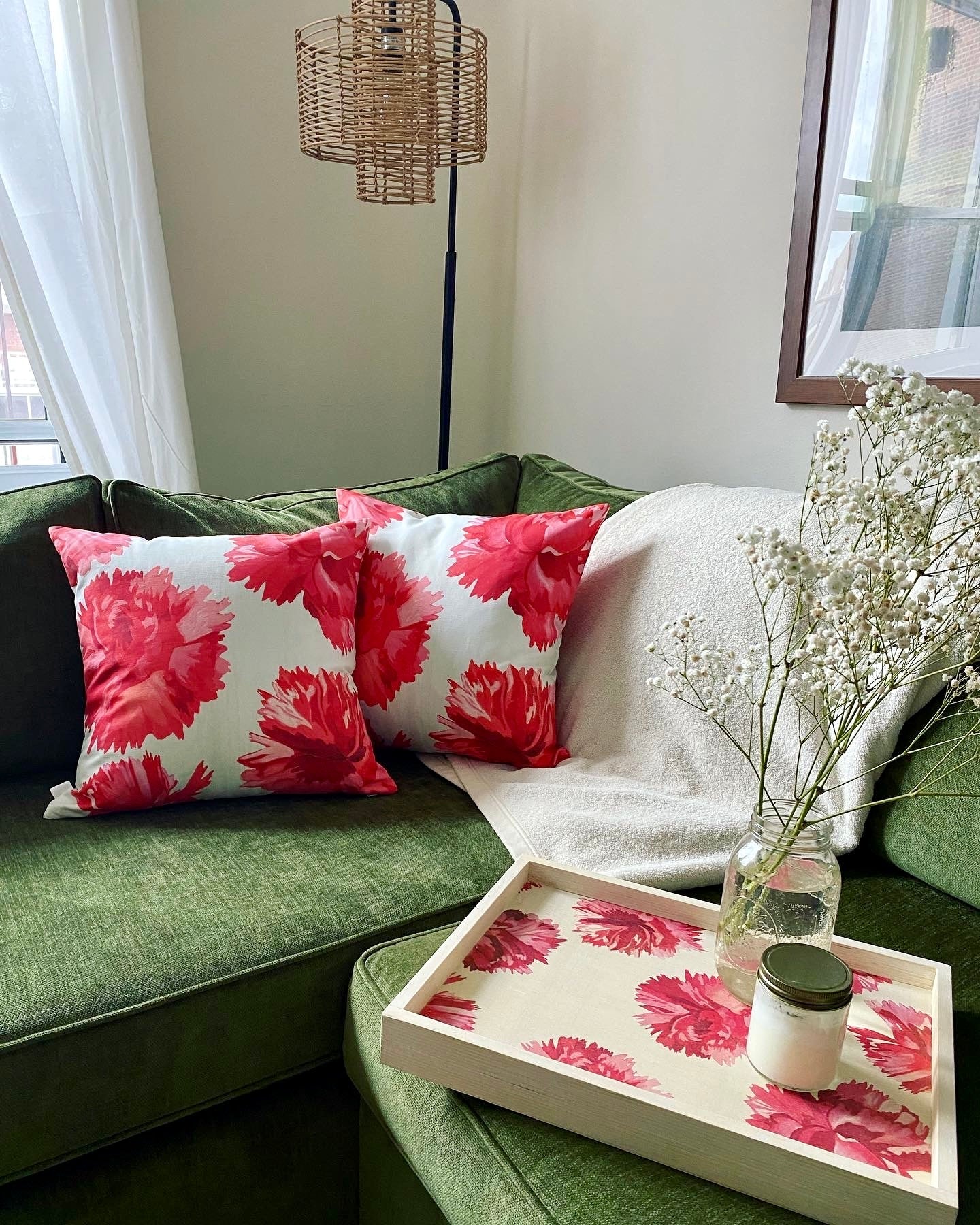 Throw Pillow: Red Carnations on Snow - Bluepandahomedecor