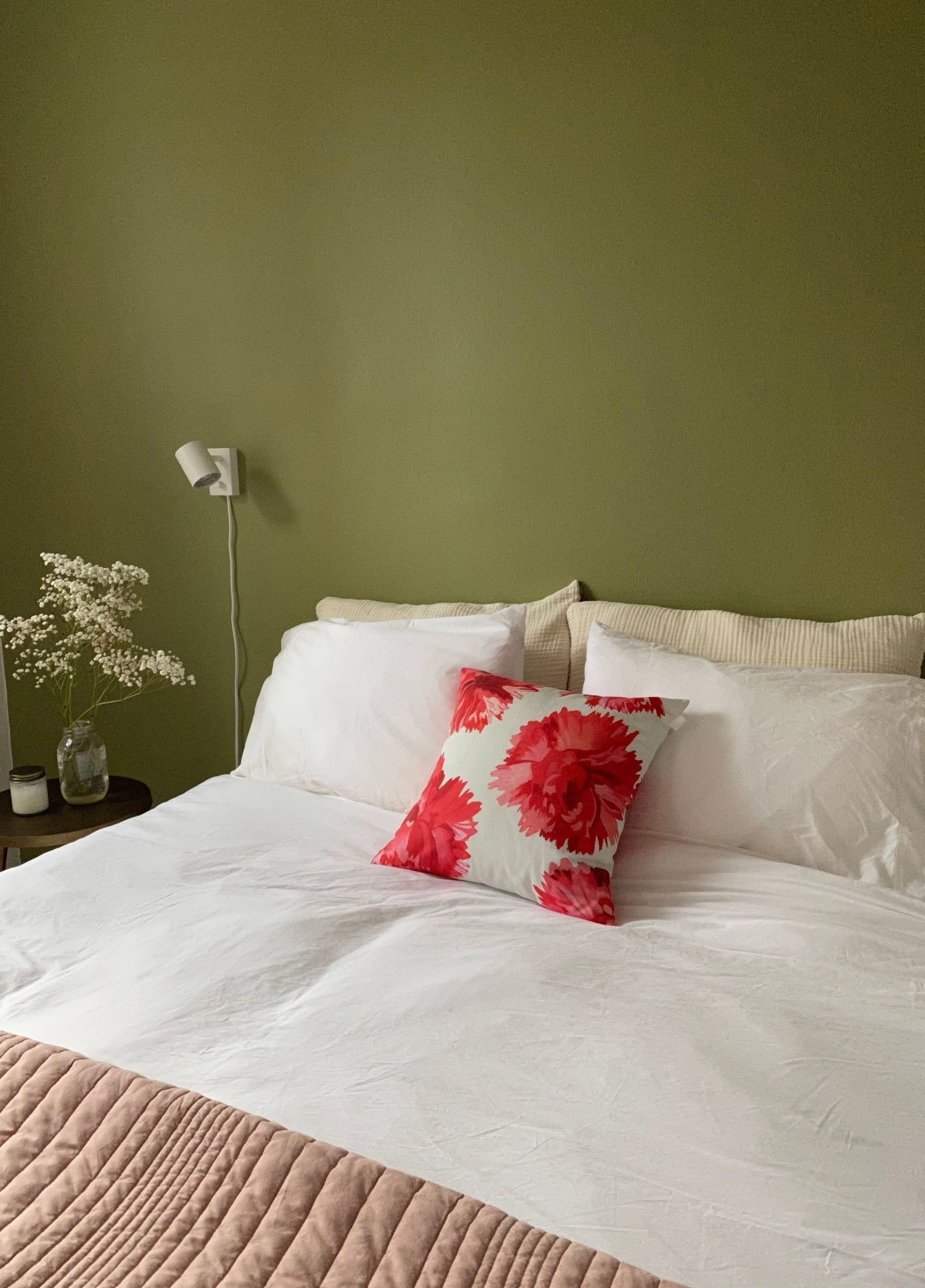 Throw Pillow: Red Carnations on Snow - Bluepandahomedecor