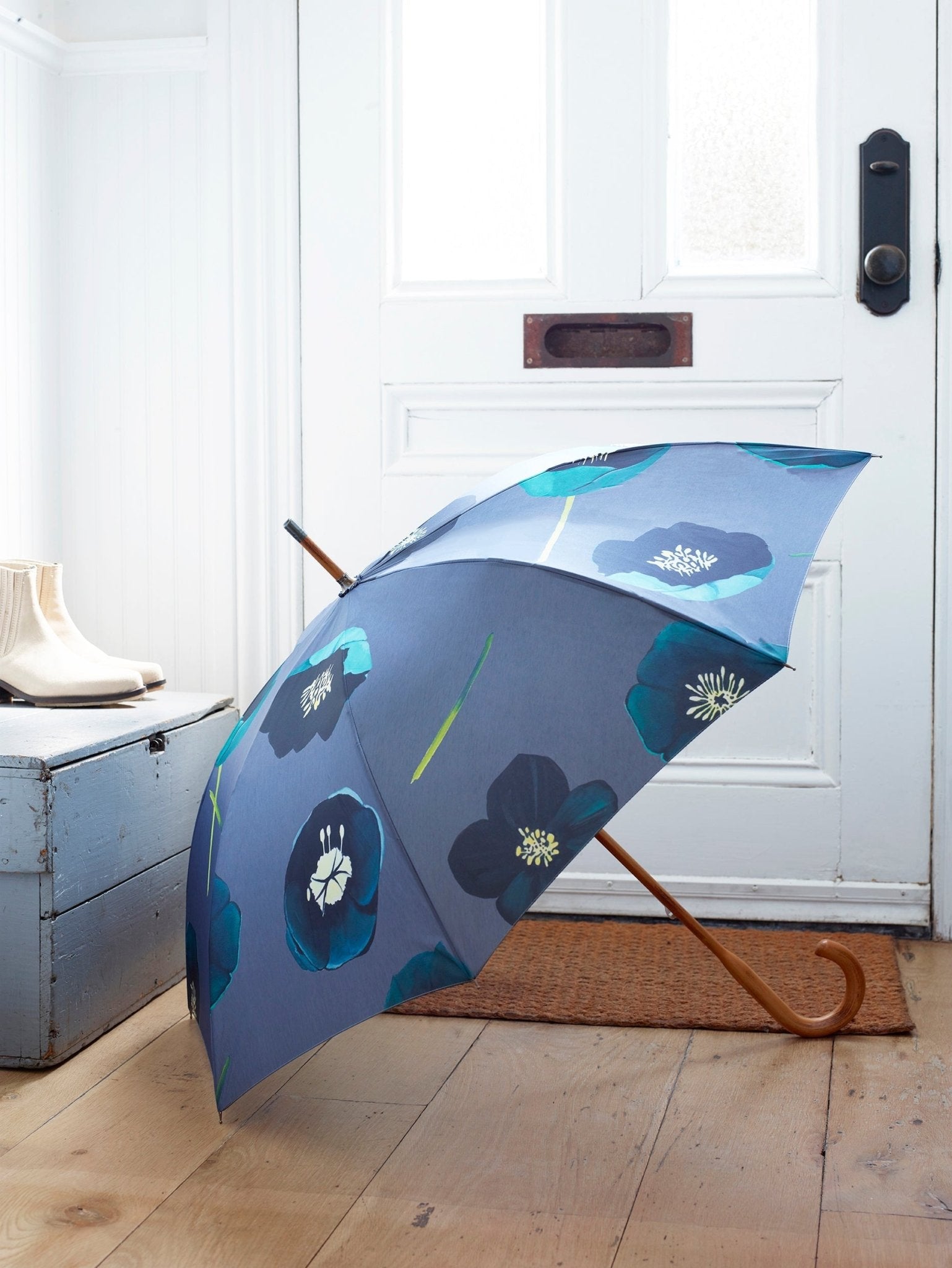 Umbrella: Green Winter Rose on Charcoal - Bluepandahomedecor